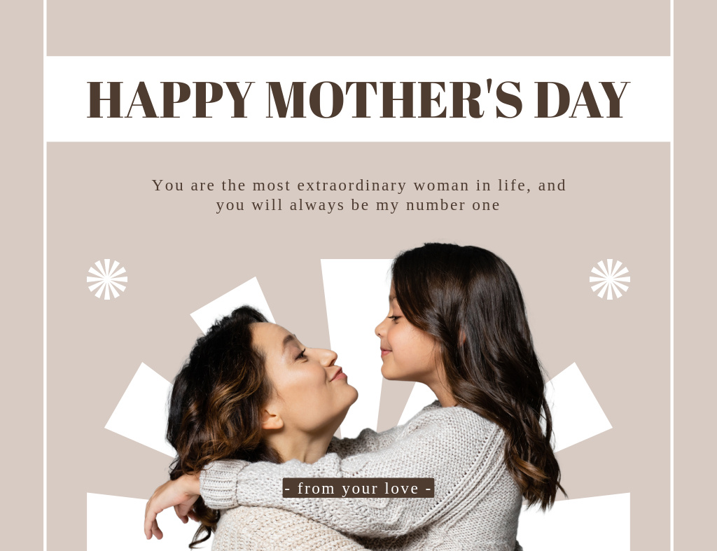 Designvorlage Loving Mom Hugs Daughter on Beige Layout für Thank You Card 5.5x4in Horizontal