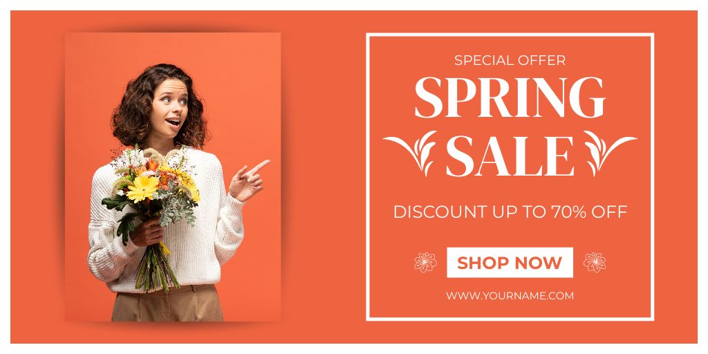 Spring Sale Offer with Woman with Bright Bouquet Twitter Design Template