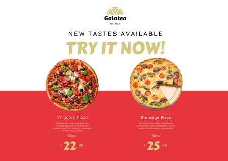 Italialaisen ravintolan kampanja uusilla pizzamauksilla Poster A2 Horizontal Design Template