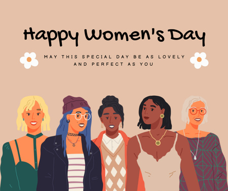 Women's Day Holiday Greeting with Diverse Women Facebook Design Template