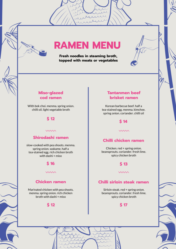 Ramen Restaurant Noodles With Description And List Menu Modelo de Design