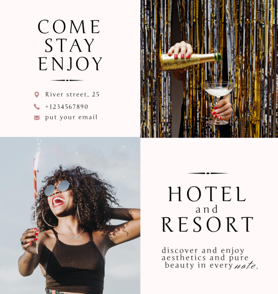 Summer Hotel Ad with Young Woman Brochure Din Large Bi-fold Modelo de Design
