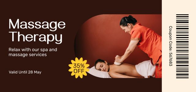 Asian Masseur Doing Back Massage with Herbal Balls Coupon Din Large Design Template