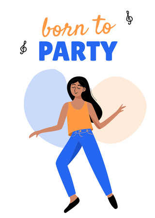 Cute Party Announcement with Dancing Woman Postcard A6 Vertical Design Template