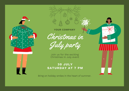 July Christmas Party Announcement with Women with Gifts Flyer A6 Horizontal Design Template