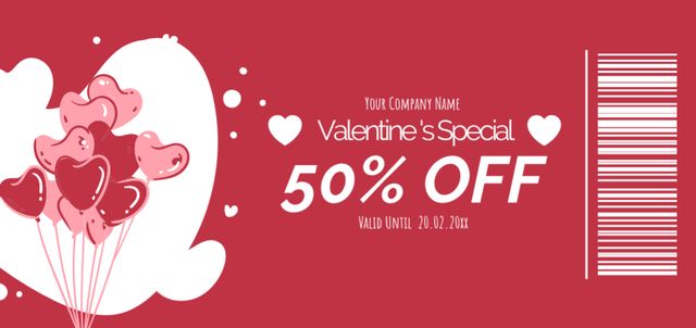 Valentine's Day Discount Voucher with Hearts Illustration Coupon Din Large Tasarım Şablonu