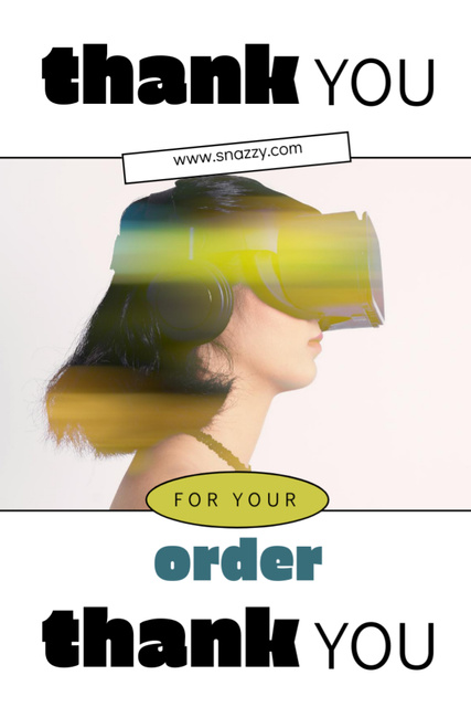 Woman in Virtual Reality Glasses with Thank You for Order Phrase Postcard 4x6in Vertical Šablona návrhu