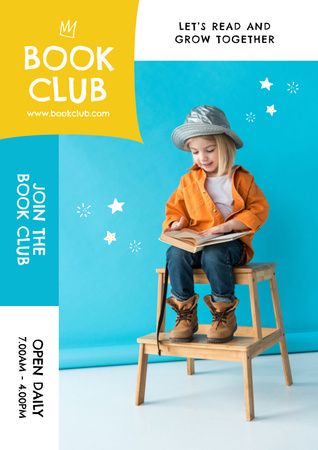 Book Club Ad with Cute Little Girl reading Poster Design Template