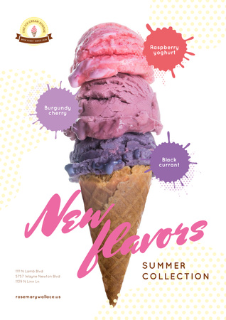 Ice Cream Ad with Colorful Scoops in Cone Poster A3 Design Template