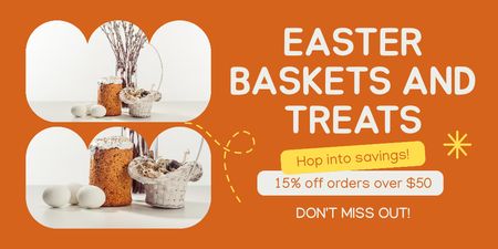 Plantilla de diseño de Anuncio de venta de cestas y golosinas de Pascua con descuento Twitter 