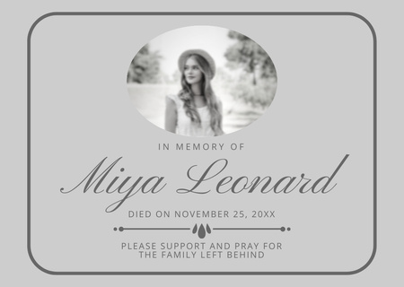 Funeral Remembrance Card with Black and White Photo Card Design Template