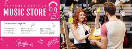 Music Store with Woman showing Guitar Facebook cover Modelo de Design