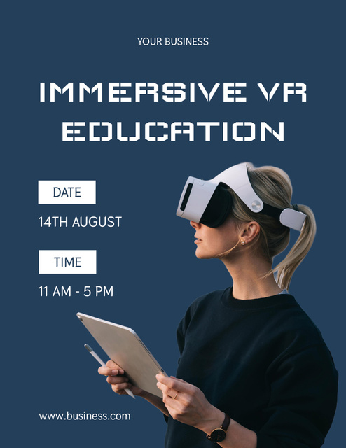 Virtual Education Ad with Woman in VR Headset and Tablet Poster 8.5x11in – шаблон для дизайна