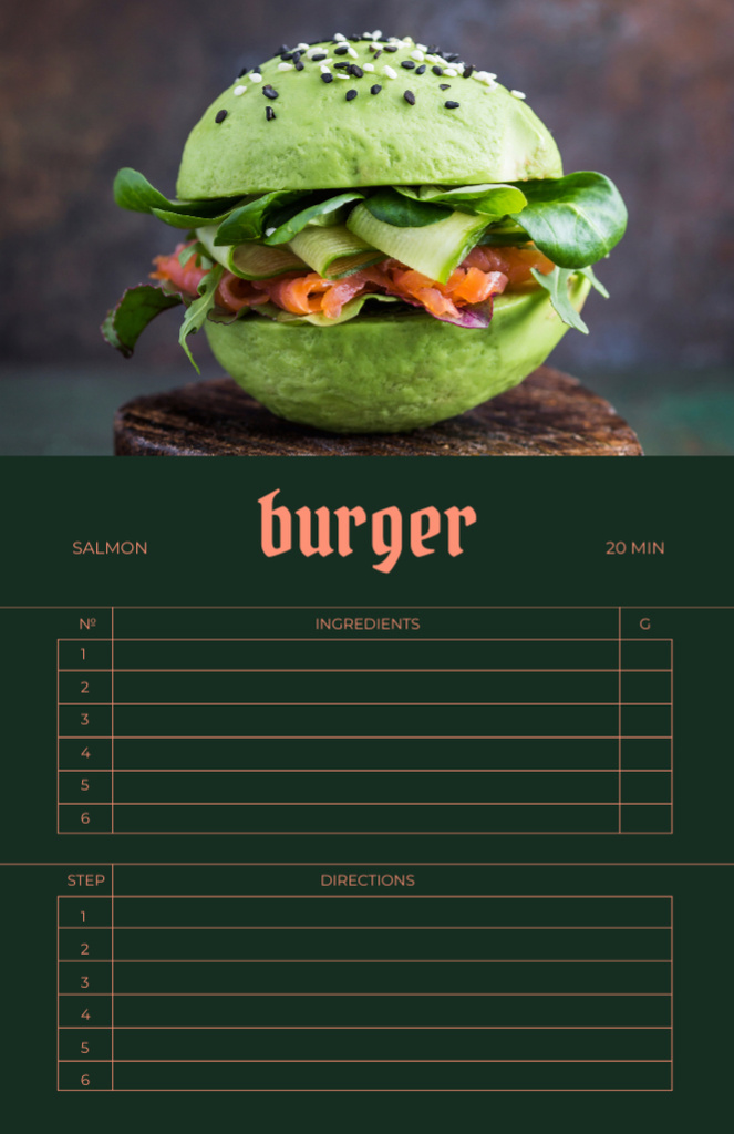 Delicious Burger with Green Buns Recipe Card Modelo de Design