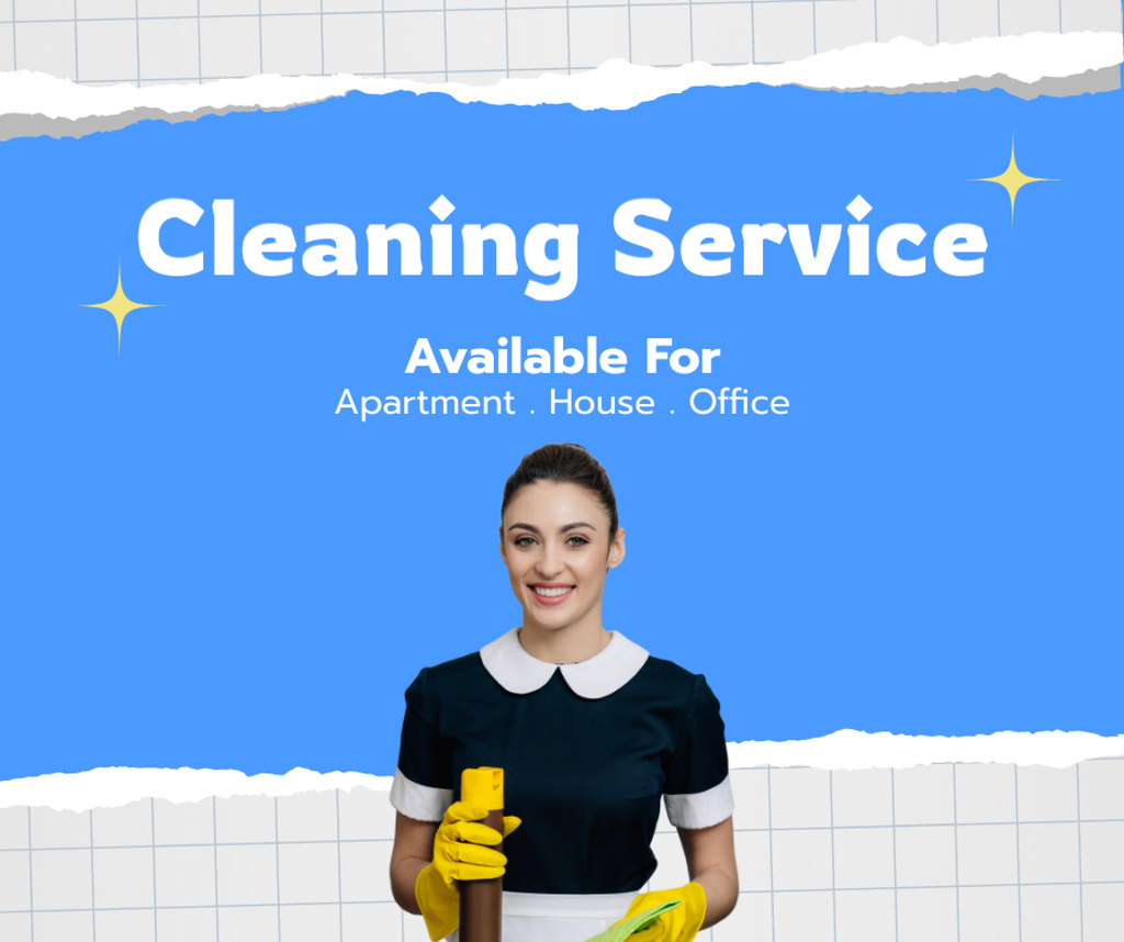 Cleaning Service Ad with Maid in Yellow Gloves Facebook tervezősablon