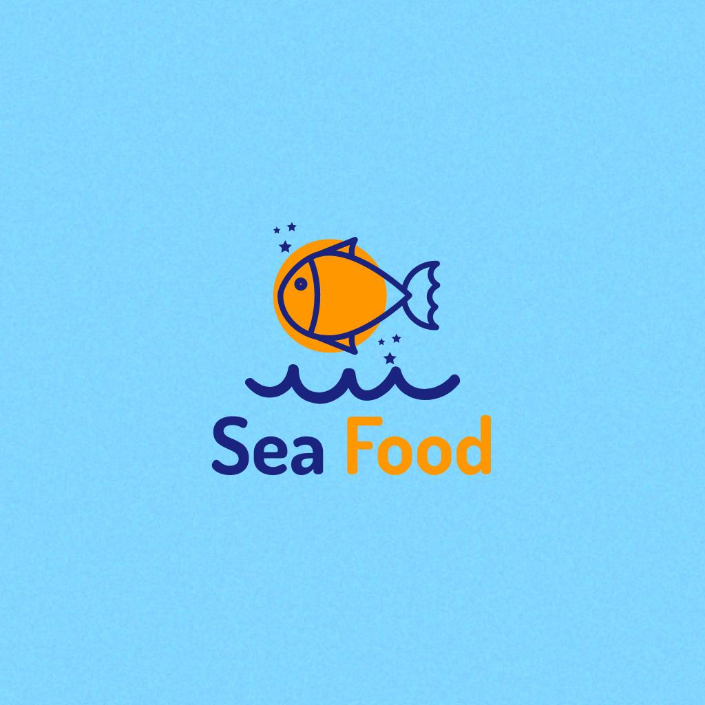 Seafood Shop Ad with Fish and Wave Logo Design Template
