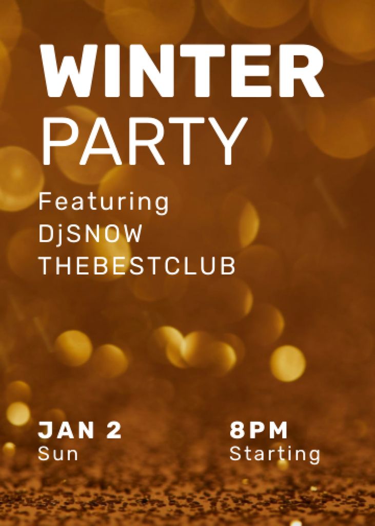 Winter Party Announcement with Golden Glitter Invitation Tasarım Şablonu