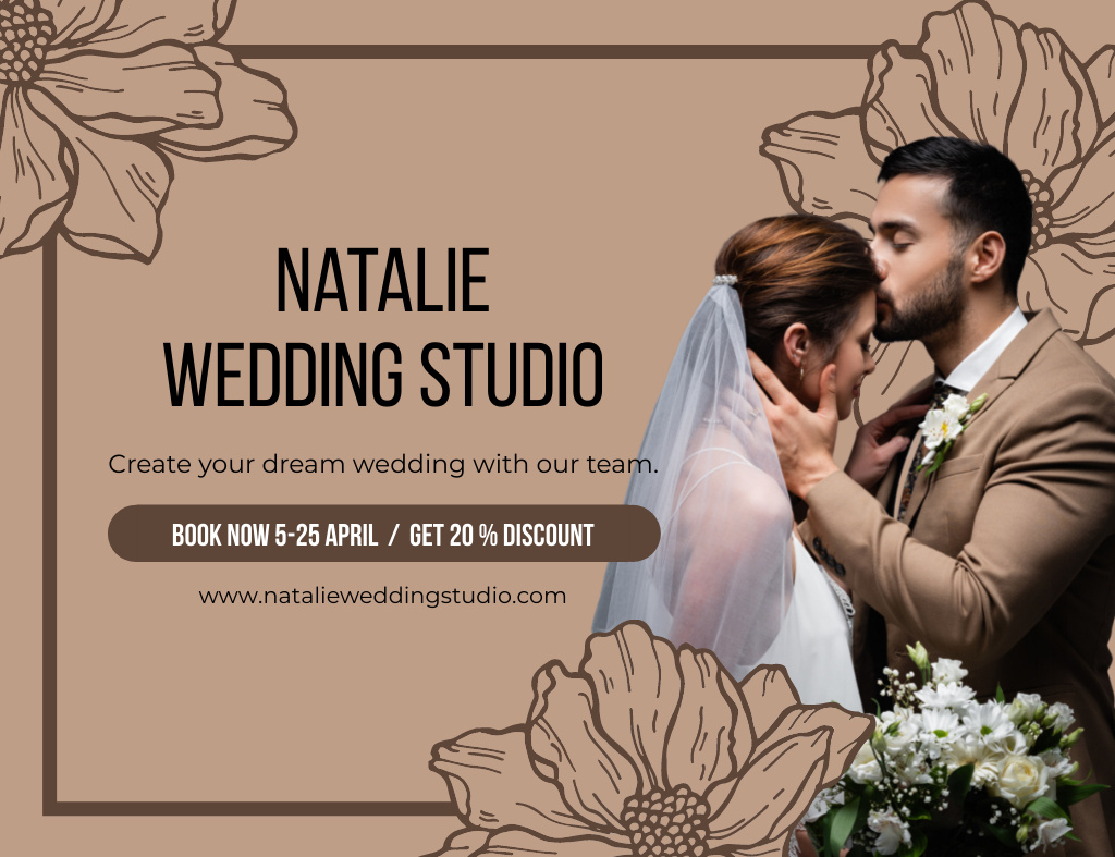 Wedding Studio Ad with Groom and Bride on Beige Thank You Card 5.5x4in Horizontal Design Template