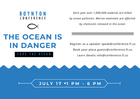 Ontwerpsjabloon van Postcard van Ecologie conferentie uitnodiging met blauwe zeegolven