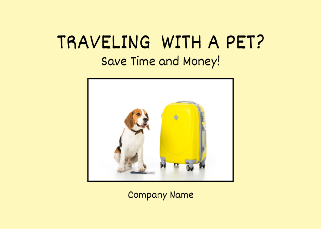 Beagle Dog Sitting near Yellow Suitcase Flyer 5x7in Horizontal Design Template
