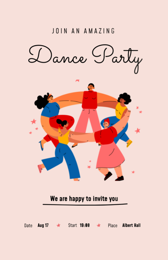 Awesome Dance Party Announcement With People Dancing In Circle Invitation 5.5x8.5in Design Template