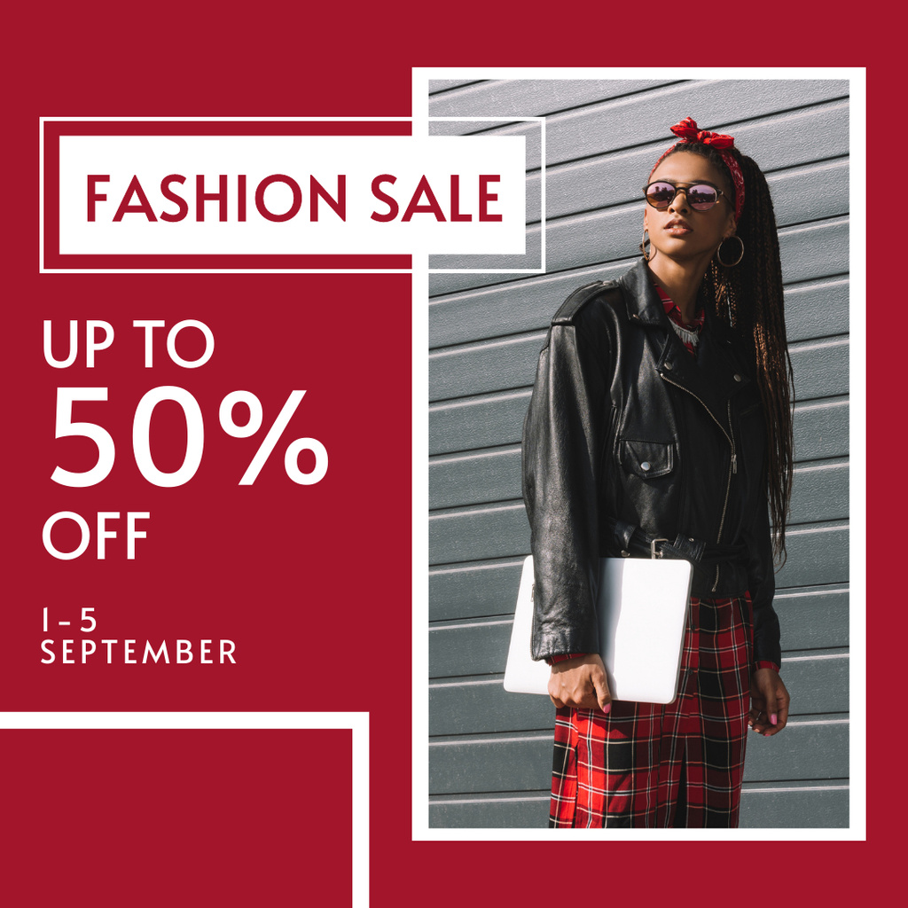 Fashion Sale Offer with Stylish Woman In Leather Jacket Instagram Design Template