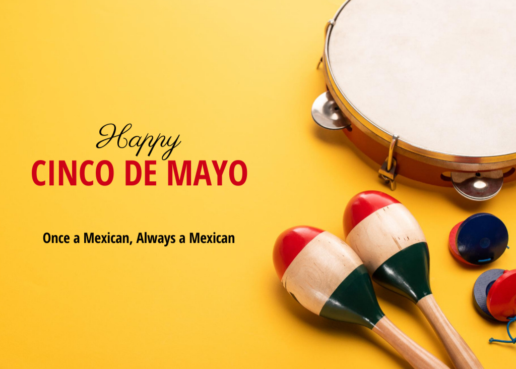 Designvorlage Cinco de Mayo Celebration with Wooden Maracas and Tambourine für Postcard 5x7in