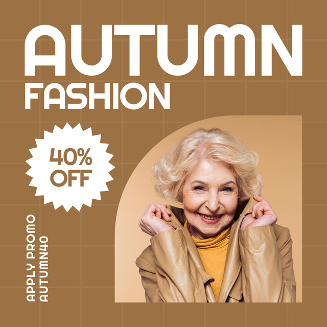 Discount on Autumn Fashion with Stylish Older Woman Animated Post Design Template