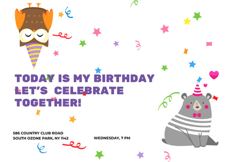 Platilla de diseño Birthday Celebration Invitation with Cute Animals Having Party Flyer 5x7in Horizontal