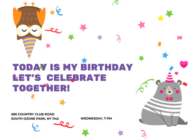 Birthday Celebration Invitation with Cute Animals Having Party Flyer 5x7in Horizontal Tasarım Şablonu