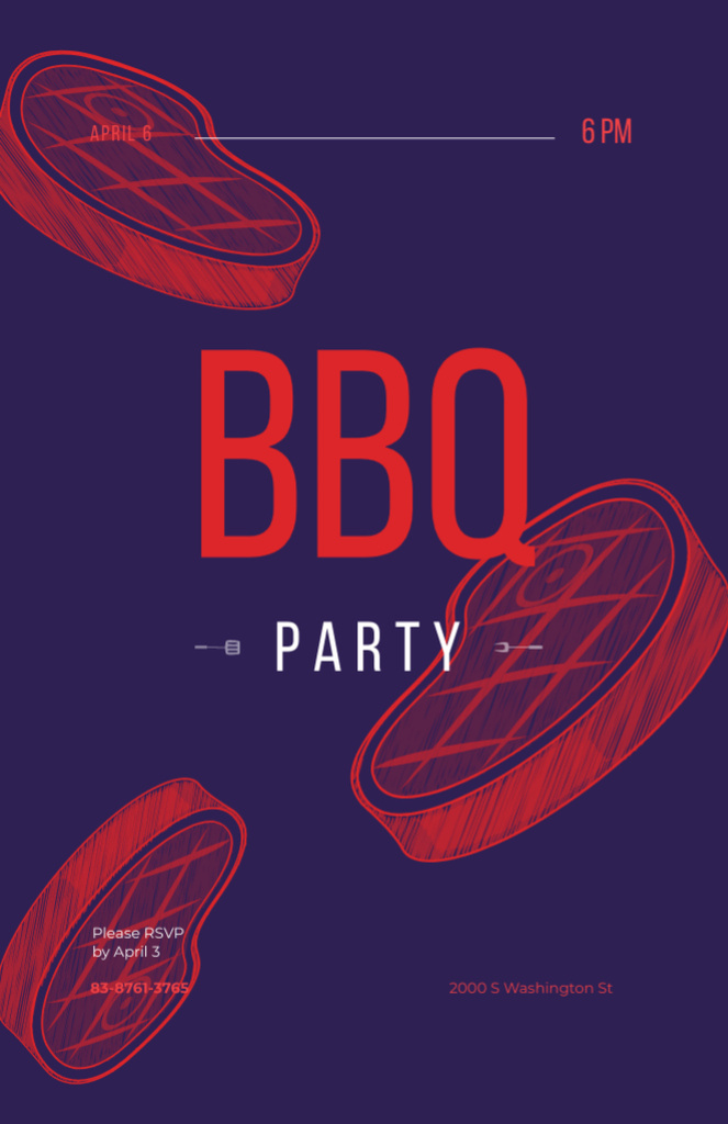 BBQ Party Announcement With Raw Red Steaks Invitation 5.5x8.5in Design Template