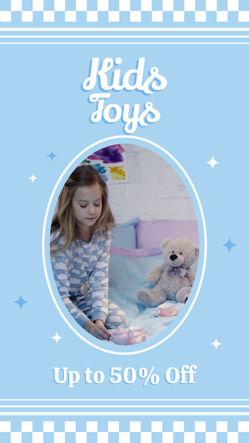 Szablon projektu Discount on Toys with Little Girl on Blue Instagram Video Story