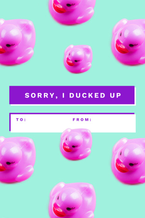 Ontwerpsjabloon van Postcard 4x6in Vertical van Funny Apology Message With Pink Toy Ducks