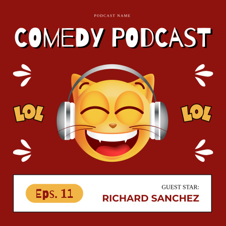 Platilla de diseño Comedy Episode Ad with Funny Cat in Headphones Podcast Cover