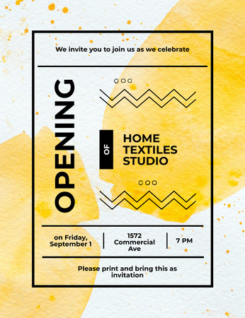 Designvorlage Textilstudio-Promotion mit gelben Flecken für Invitation 13.9x10.7cm