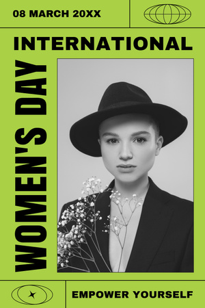 International Women's Day Celebration with Woman in Black Hat Pinterest Design Template