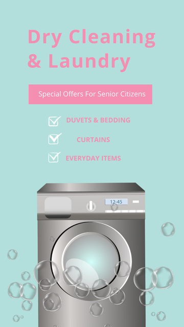 Dry Cleaning And Laundry Service Offer With Bubbles Instagram Video Story Modelo de Design