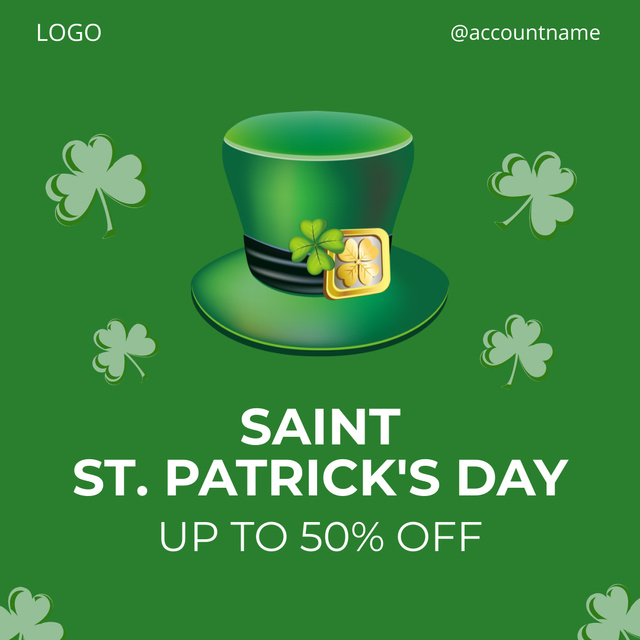 St. Patrick's Day Sale Announcement with Green Hat and Clovers Instagram Šablona návrhu