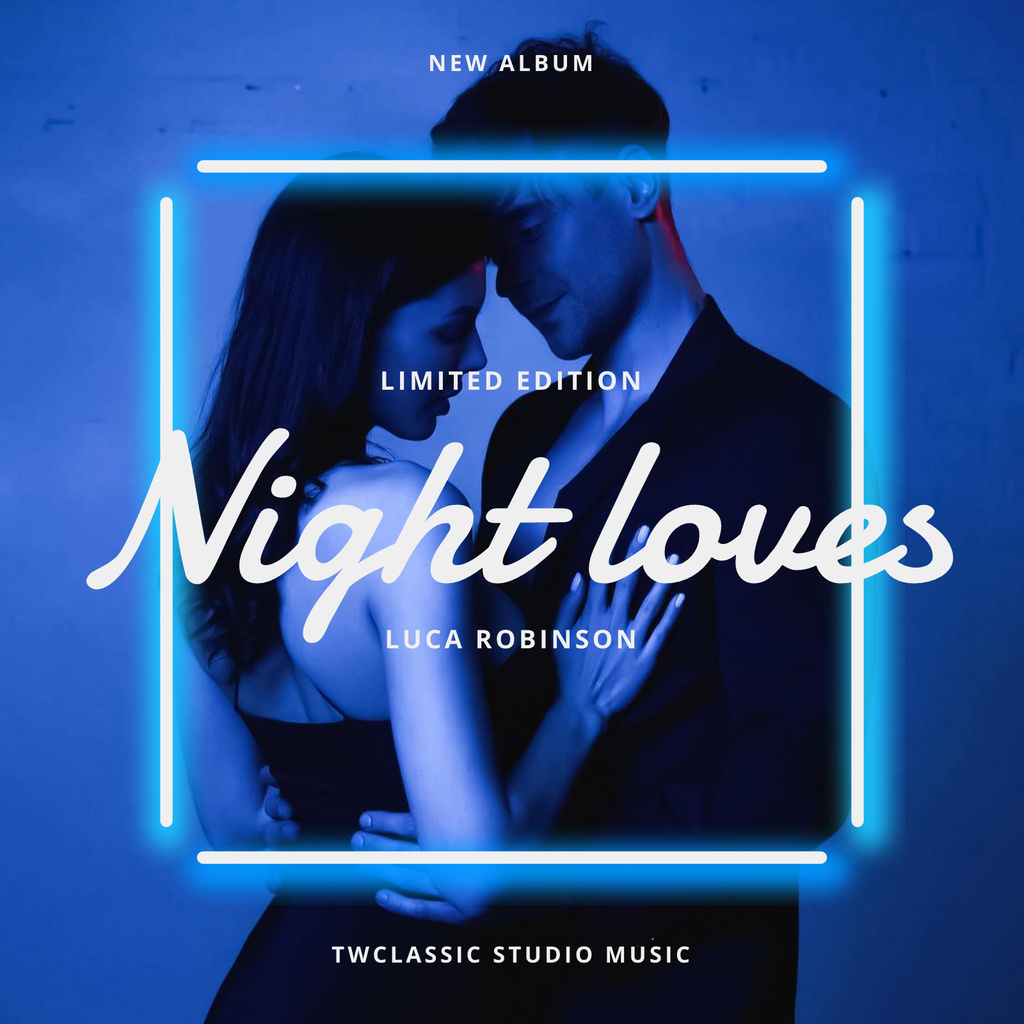 Blue neon lights frame with title on photo of couple Album Cover Modelo de Design