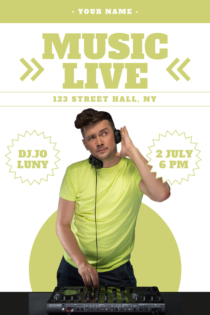 Announcement of Live Music Concert with DJ in Green Pinterest tervezősablon