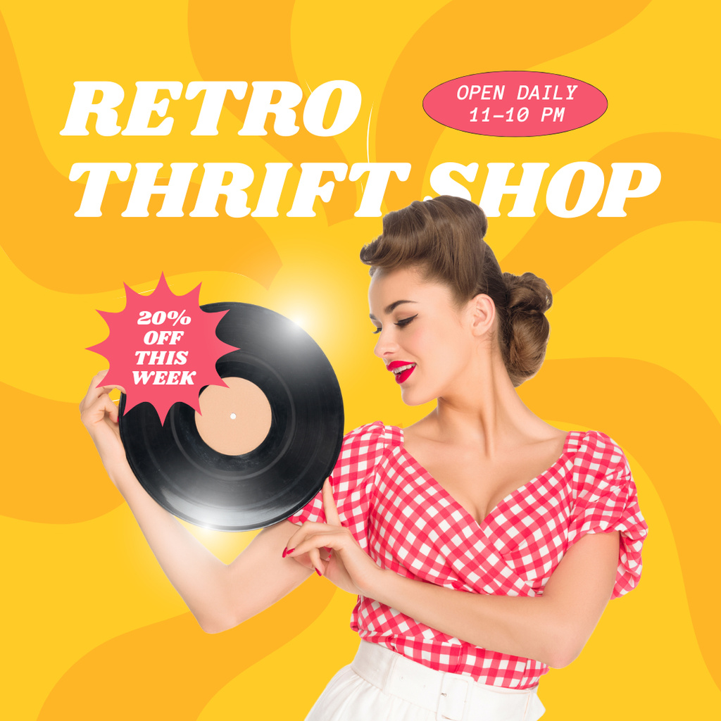 Pin up woman with vinyl record Instagram AD Design Template