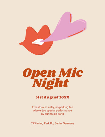 Template di design annuncio open mic night con illustrazione labbra Invitation 13.9x10.7cm