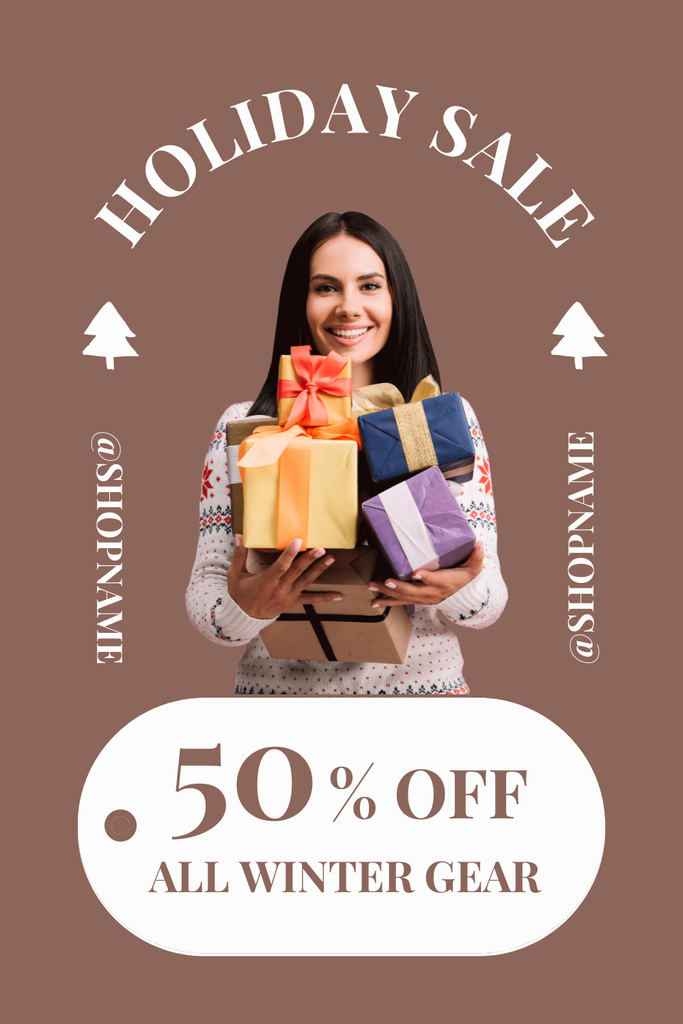 Holiday Sale Announcement with Smiling Woman Holding Gifts Pinterest Πρότυπο σχεδίασης