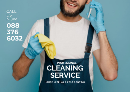 Ontwerpsjabloon van Flyer 5x7in Horizontal van schoonmaakservice aanbieding met een man in uniform