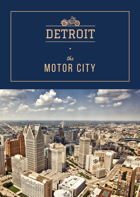 Designvorlage Detroit Cityscape In Blue für Postcard A6 Vertical