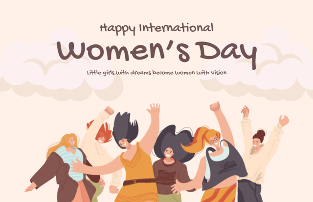 Cheerful Girls on International Women's Day Greeting Thank You Card 5.5x8.5in Šablona návrhu