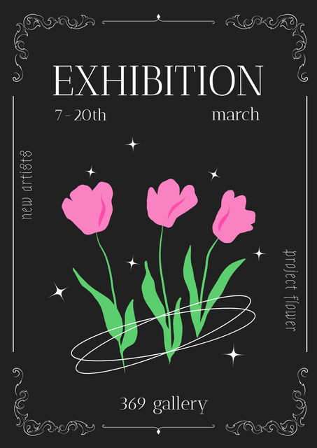 Exhibition Announcement with Tulips Illustration on Black Poster – шаблон для дизайну