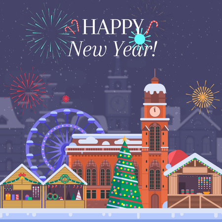 Fireworks over Christmas town Animated Post Design Template
