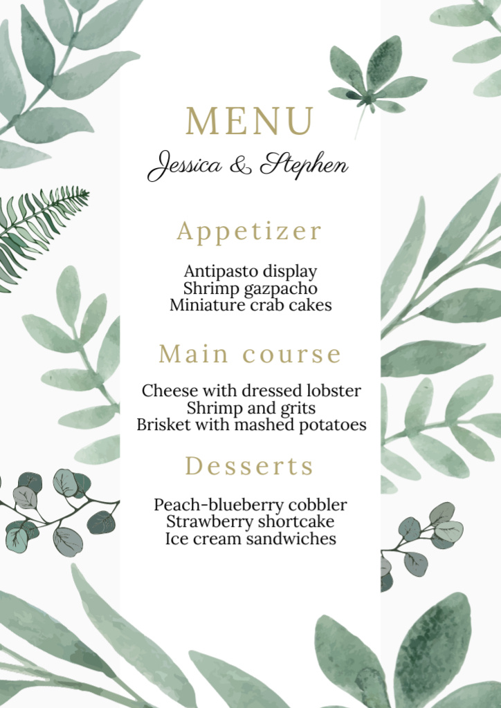 Wedding Food List with Watercolor Floral Elements Menu Design Template