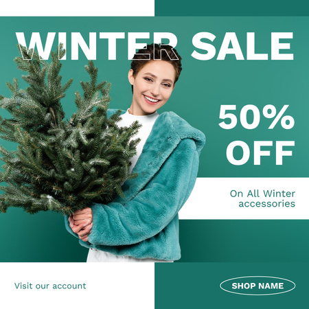 Designvorlage Winter Accessories Sale Announcement with Woman in Fur Coat für Instagram